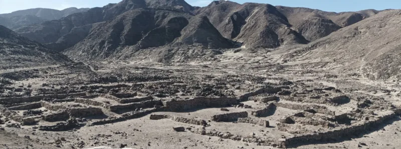 Numerosos recintos y muros de piedra en un valle árido rodeado de cerros.